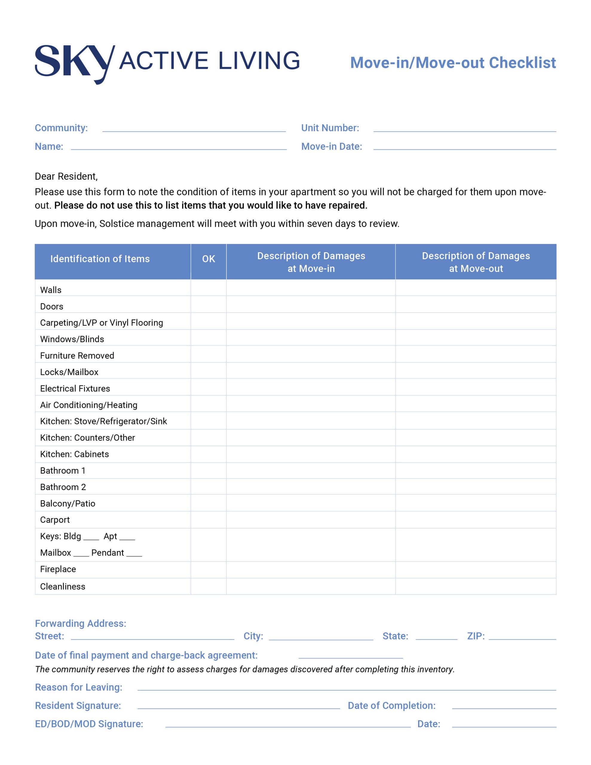 Sky Active Living Move-In Move-Out Checklist