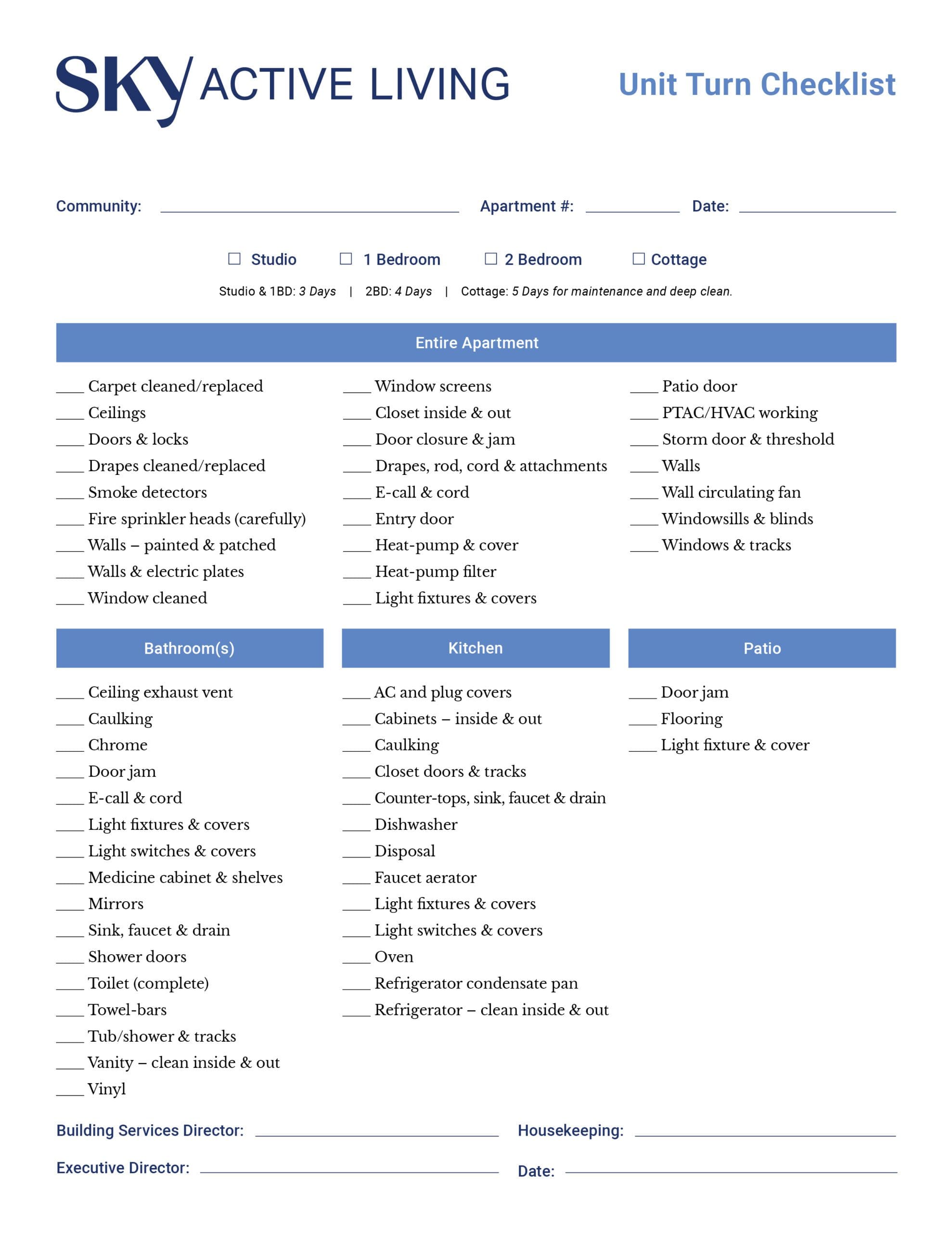 Sky Active Living Unit Turn Checklist