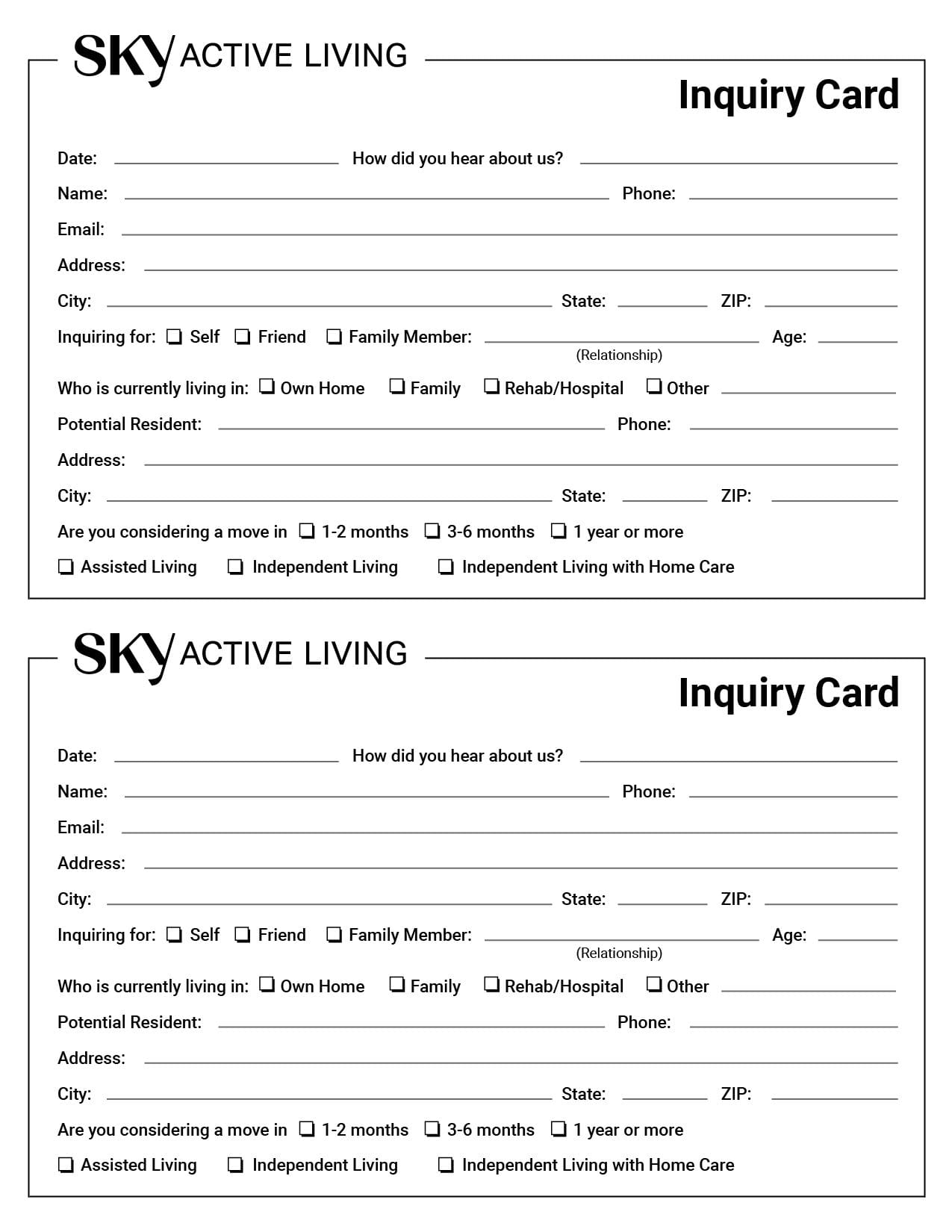 Sky Active Living Inquiry Card